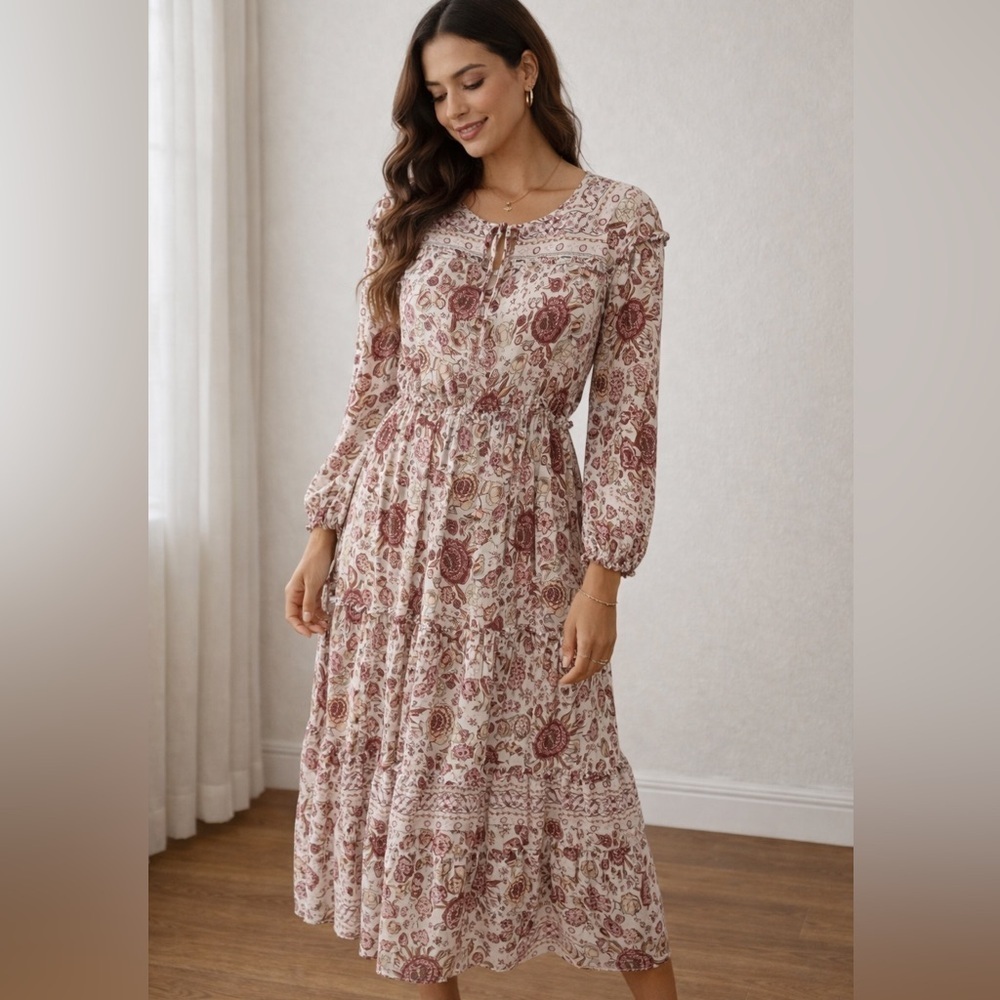 Bohme Anthropologie Maxi Dress Tiered Floral Long Sleeve Prairie CottageCore B12